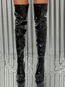 Stretch Patent Thigh High Heel Boots - Black - View 4
