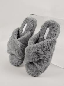 毛絨人造毛皮露趾拖鞋涼鞋 - 灰色 - 查看 4