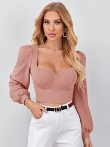 SHEIN Privé Sweetheart Neck Lantern Sleeve Crop Top - Dusty Pink - View 1
