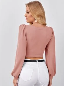 SHEIN Privé Sweetheart Neck Lantern Sleeve Crop Top - Dusty Pink - View 2