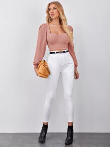 SHEIN Privé Sweetheart Neck Lantern Sleeve Crop Top - Dusty Pink - View 4