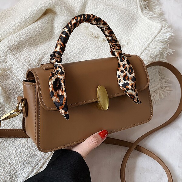 

Twilly Scarf Decor Flap Square Bag, Khaki