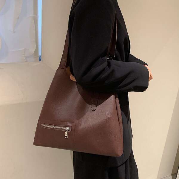 

Large Capacity Shoulder Tote Bag, Coffee brown