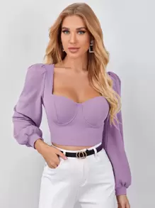 SHEIN Privé Sweetheart Neck Puff Sleeve Crop Top - Lilac Purple - View 1