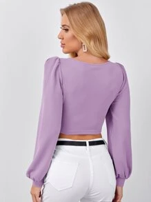 SHEIN Privé Sweetheart Neck Puff Sleeve Crop Top - Lilac Purple - View 2