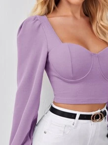 SHEIN Privé Sweetheart Neck Puff Sleeve Crop Top - Lilac Purple - View 3
