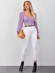 SHEIN Privé Sweetheart Neck Puff Sleeve Crop Top - Lilac Purple - View 4
