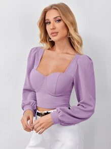 SHEIN Privé Sweetheart Neck Puff Sleeve Crop Top - Lilac Purple - View 5