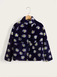 SHEIN Niñas Abrigo con patrón floral de manga raglán de peluche