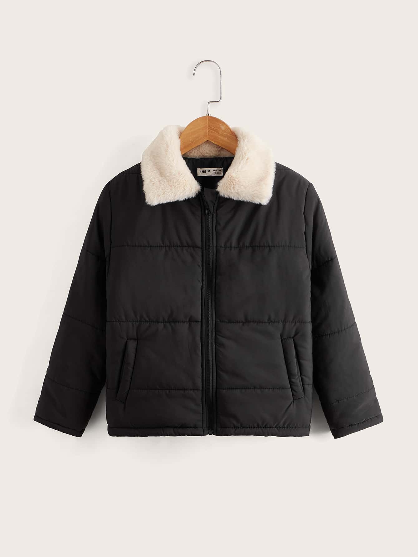 SHEIN Tween Girl Borg Collar Zipper Padded Coat - Black - View 1