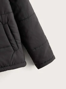 SHEIN Tween Girl Borg Collar Zipper Padded Coat - Black - View 3