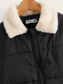 SHEIN Tween Girl Borg Collar Zipper Padded Coat - Black - View 4