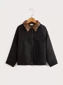 SHEIN Girls Leopard Pattern Borg Collar Teddy Lined Jacket