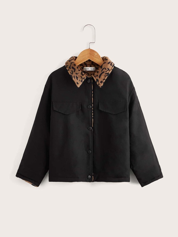 SHEIN Girls Leopard Pattern Borg Collar Teddy Lined Jacket