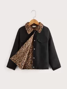SHEIN Girls Leopard Pattern Borg Collar Teddy Lined Jacket