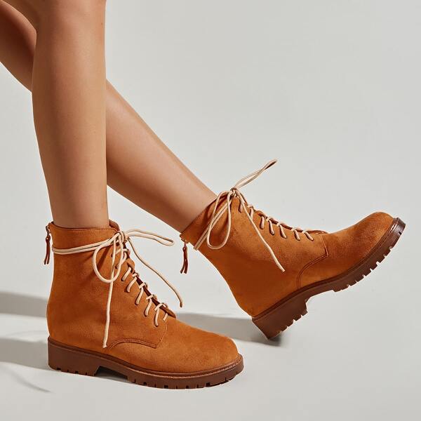 

Suede Lace-up Flat Combat Boots, Brown
