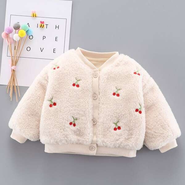 

Toddler Girls Cherry Embroidery Teddy Jacket, Beige
