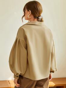 Mulvari Solid Drop Shoulder Blouse - Khaki - View 2