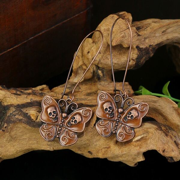 

Skull & Butterfly Charm Earrings, Bronze