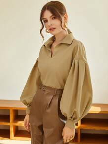 Mulvari Solid Drop Shoulder Blouse - Khaki - View 4