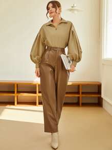 Mulvari Solid Drop Shoulder Blouse - Khaki - View 5