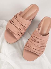Vegan Leather Round Toe Ruched Platform Sliders