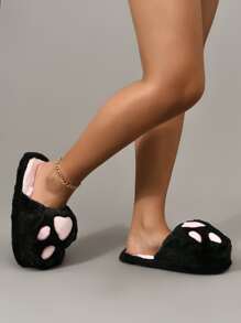 卡通爪子設計新奇拖鞋,女士冬季可愛爪子紋路有趣拖鞋扁頭黑色拖鞋 - 彩色 - 查看 2