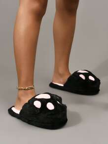卡通爪子設計新奇拖鞋,女士冬季可愛爪子紋路有趣拖鞋扁頭黑色拖鞋 - 彩色 - 查看 3