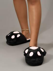 卡通爪子設計新奇拖鞋,女士冬季可愛爪子紋路有趣拖鞋扁頭黑色拖鞋 - 彩色 - 查看 4