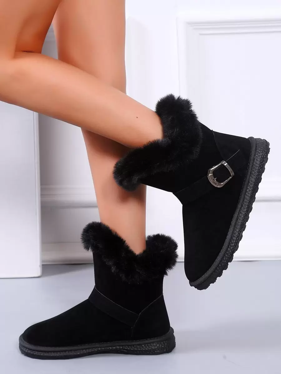 Buckle Detail Suedette Snow Boots - Black - View 1