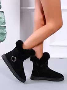 Buckle Detail Suedette Snow Boots - Black - View 2