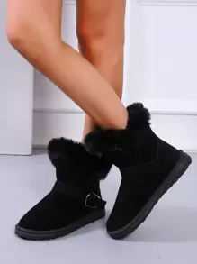 Buckle Detail Suedette Snow Boots - Black - View 4