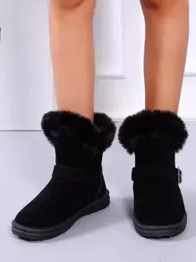 Buckle Detail Suedette Snow Boots - Black - View 5