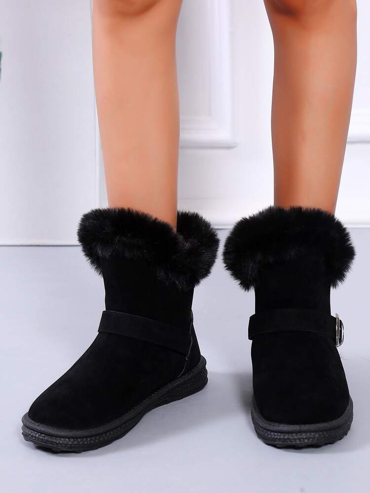 Buckle Detail Suedette Snow Boots - Black - View 5