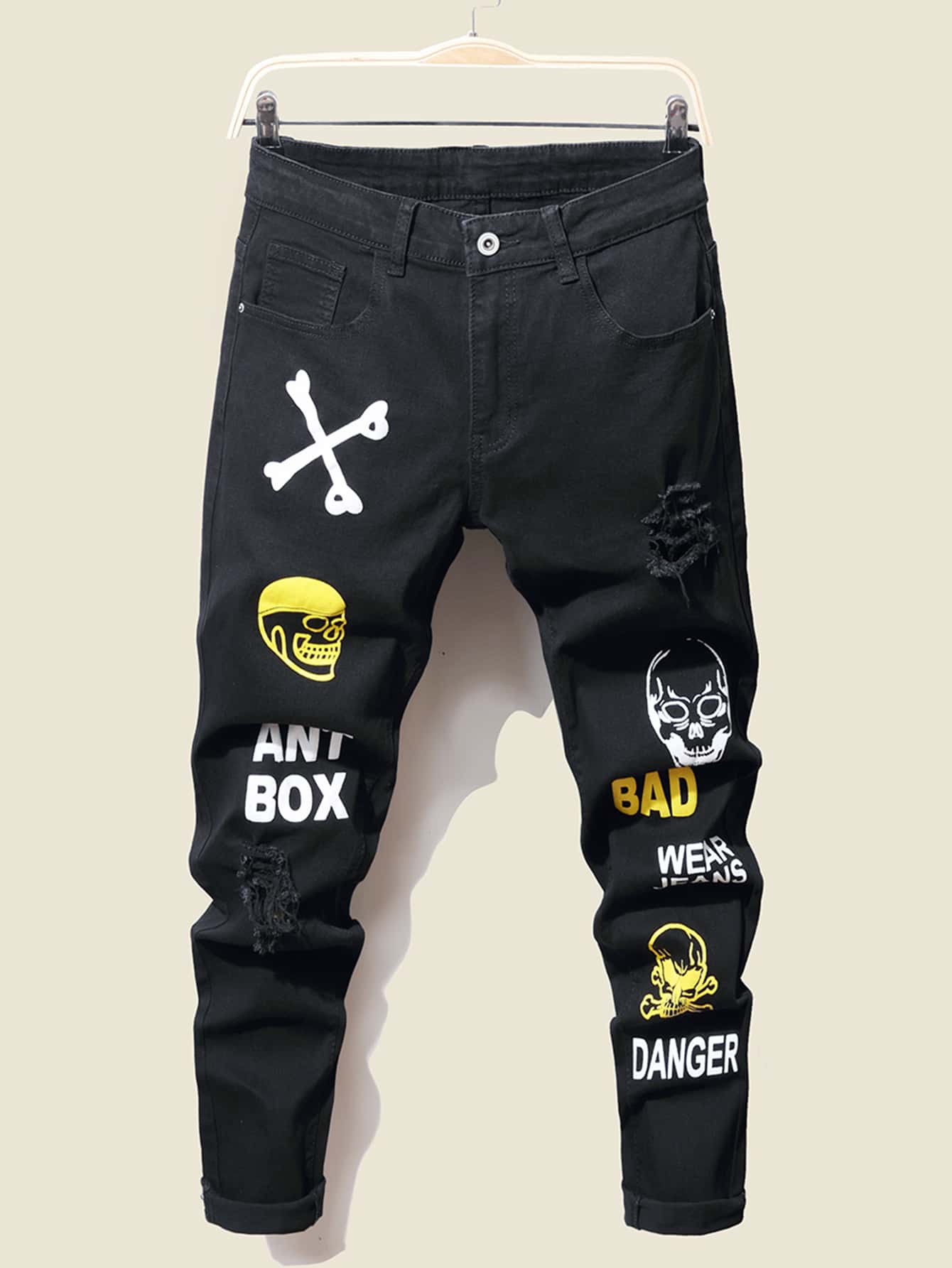 Manfinity 男士骷髏和字母圖案緊身牛仔褲 - 黑色 - 查看 1