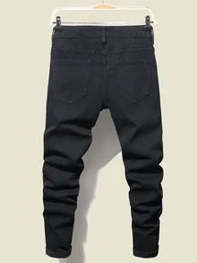 Manfinity 男士骷髏和字母圖案緊身牛仔褲 - 黑色 - 查看 2