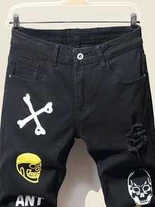 Manfinity 男士骷髏和字母圖案緊身牛仔褲 - 黑色 - 查看 3