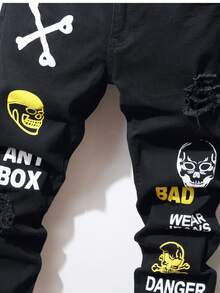Manfinity 男士骷髏和字母圖案緊身牛仔褲 - 黑色 - 查看 5