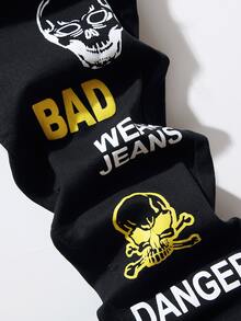 Manfinity 男士骷髏和字母圖案緊身牛仔褲 - 黑色 - 查看 6