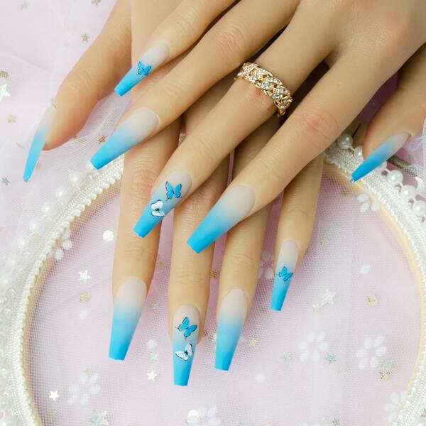 

24pcs Butterfly Ombre Fake Nail & 1sheet Tape, Multicolor