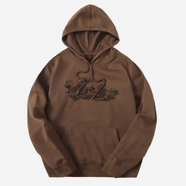 

Men Waves Print Kangaroo Pocket Drawstring Hoodie, Coffee brown