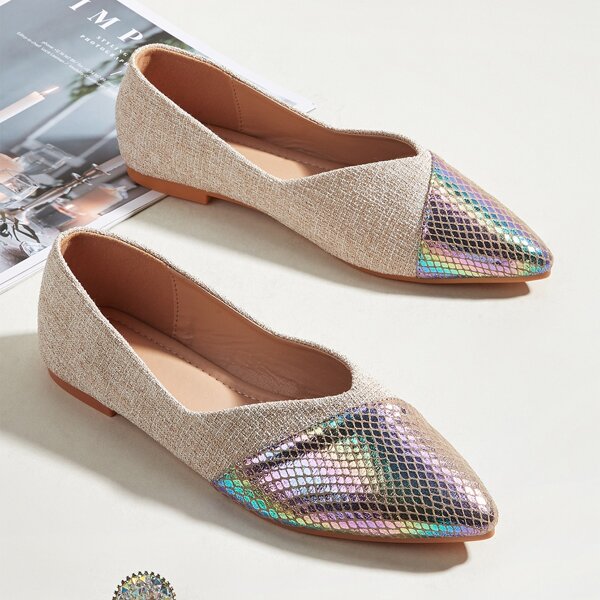 

Reflective Detail Point Toe Ballet Flats, Multicolor
