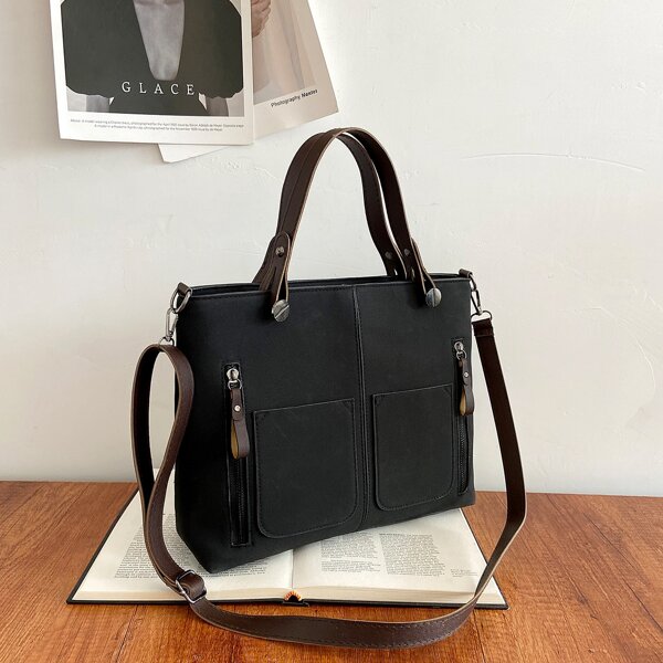 

Minimalist Zipper Decor Satchel Bag, Black