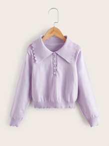 Girls Scallop Trim Button Half Placket Jumper - Lilac Purple - View 1