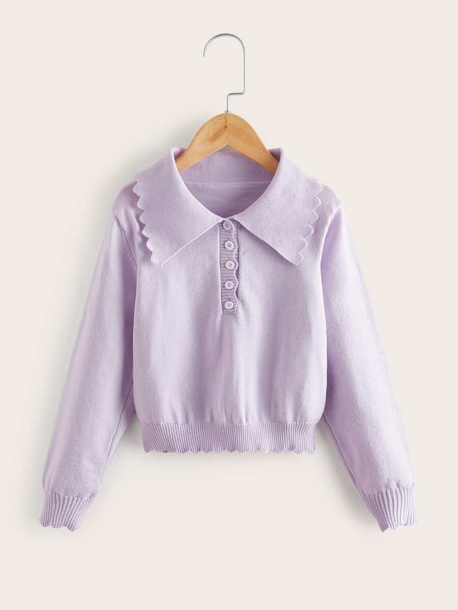 Girls Scallop Trim Button Half Placket Jumper - Lilac Purple - View 1