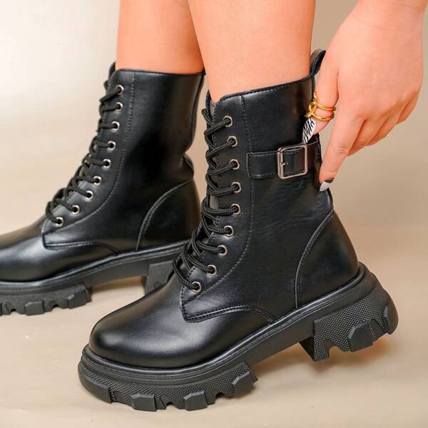 

Minimalist Buckle Detail Combat Boots, Black