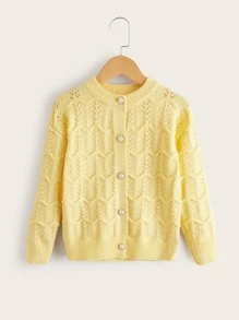 小女童鋸齒紋紋理質感網眼針織落肩袖開襟衫 - 黃色 - 查看 1