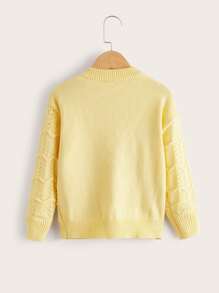 小女童鋸齒紋紋理質感網眼針織落肩袖開襟衫 - 黃色 - 查看 2
