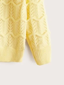 小女童鋸齒紋紋理質感網眼針織落肩袖開襟衫 - 黃色 - 查看 3