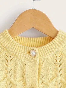 小女童鋸齒紋紋理質感網眼針織落肩袖開襟衫 - 黃色 - 查看 4